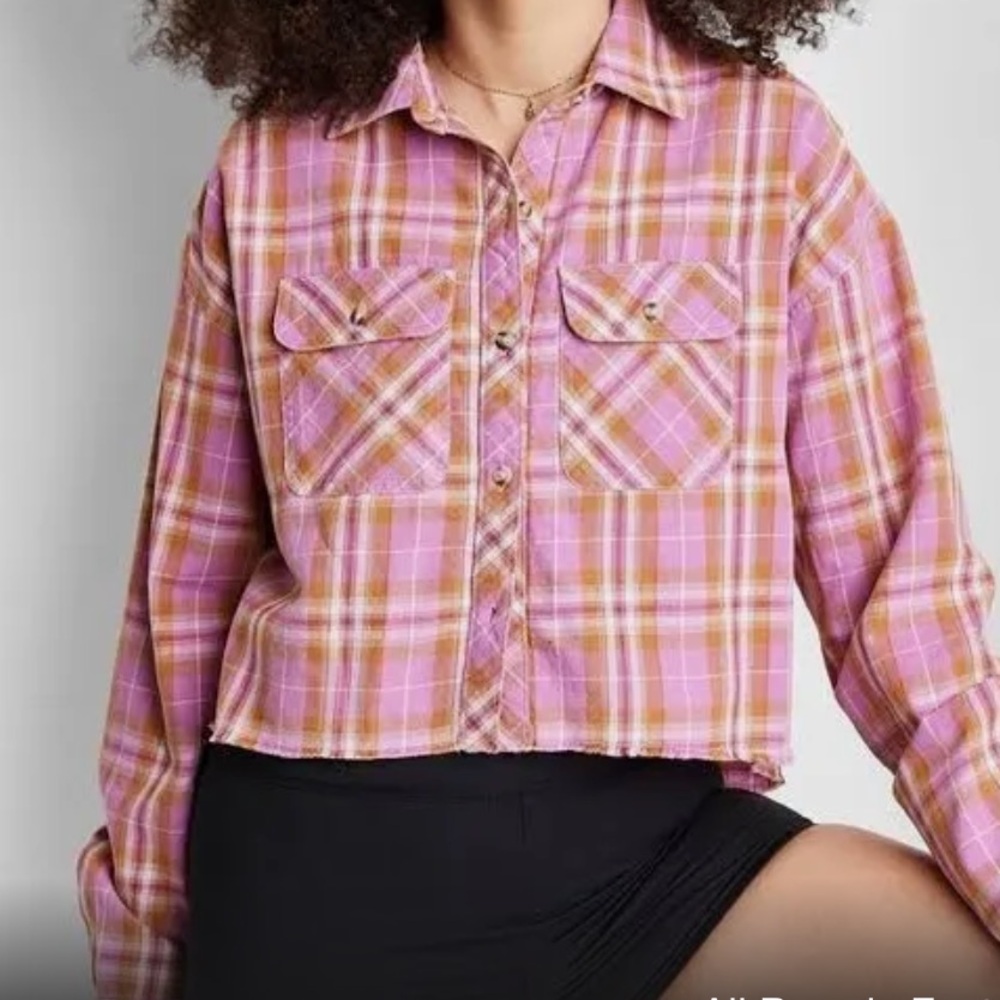 NEW boho plaid top/shacket raw hem crop fit
